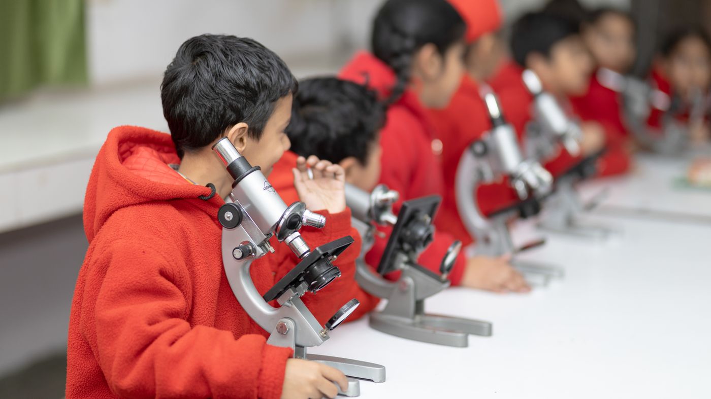 Students using microscopes during a hands-on science lesson